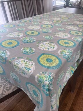 Gray Tablecloth with Teal and Lime Medallion Pattern - Home Dining